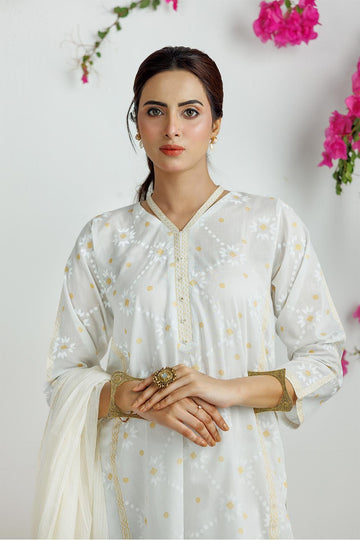 LAD-03169 | White & Gold | Casual 3 Piece Suit | Cotton Lawn Printed